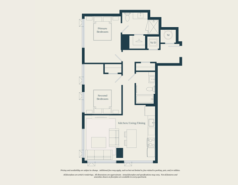 Floor plan for 2 beds, 2 baths, 895 sqft